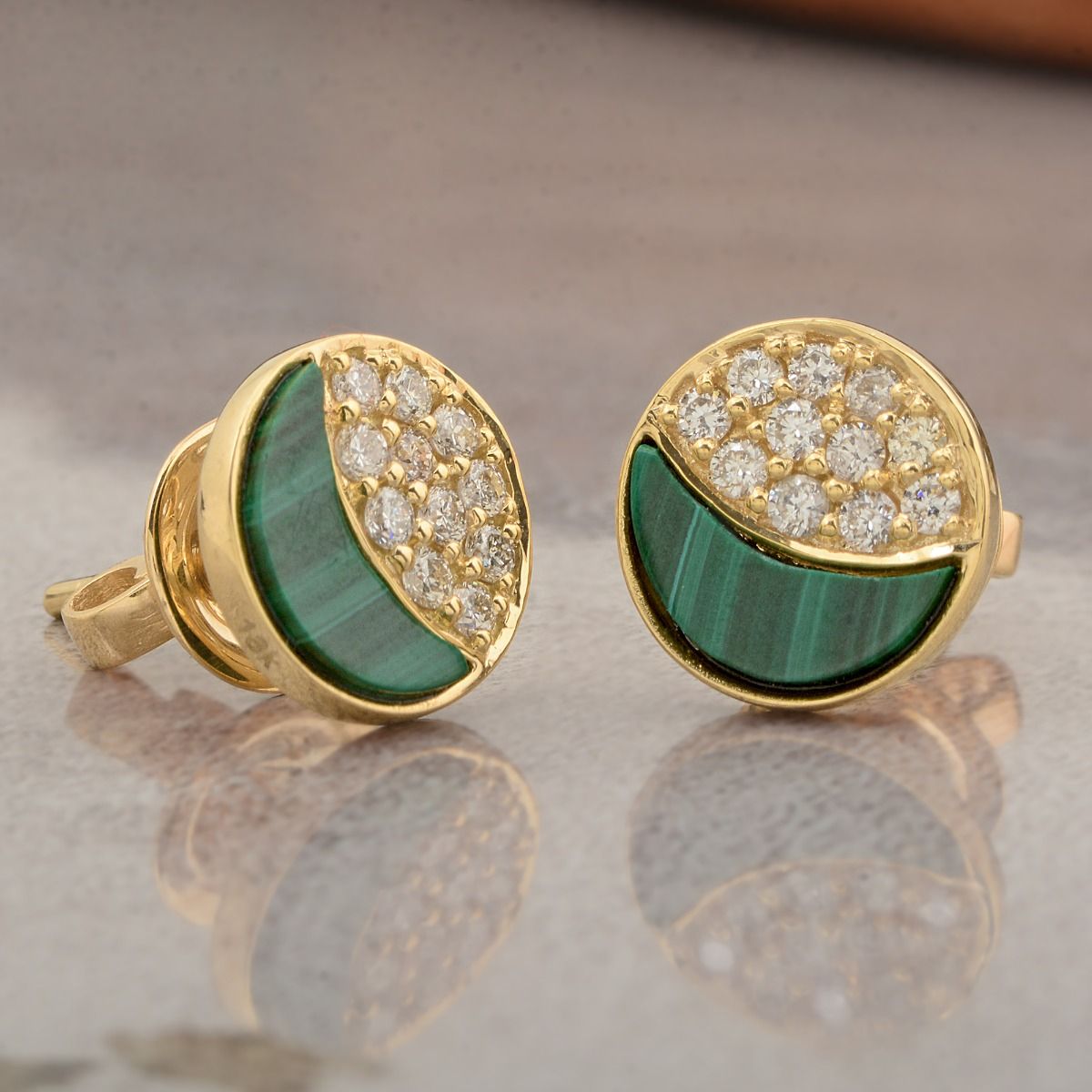 18k Yellow gold 1.59 TCW SI Clarity HI Color Diamond Malachite Gemstone Party Wear Stud Earrings |Gift For Her |Jewelry For Women