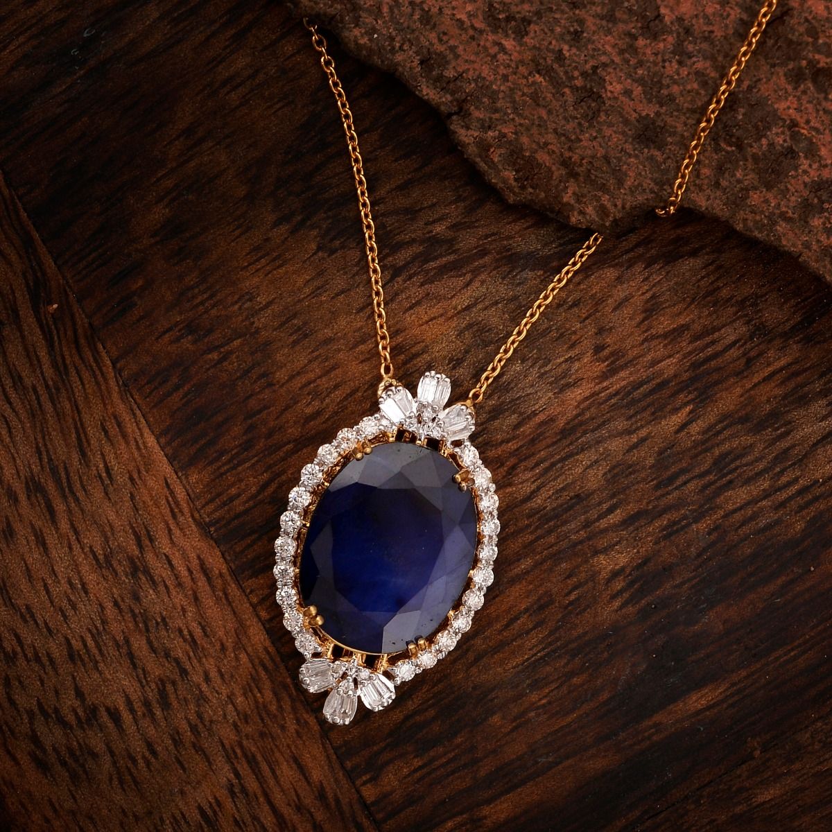 Oval Shaped Processed Blue Sapphire Solid 18 Kt Yellow Gold SI Clarity HI Color Baguette & Round Diamond Charm Pendant