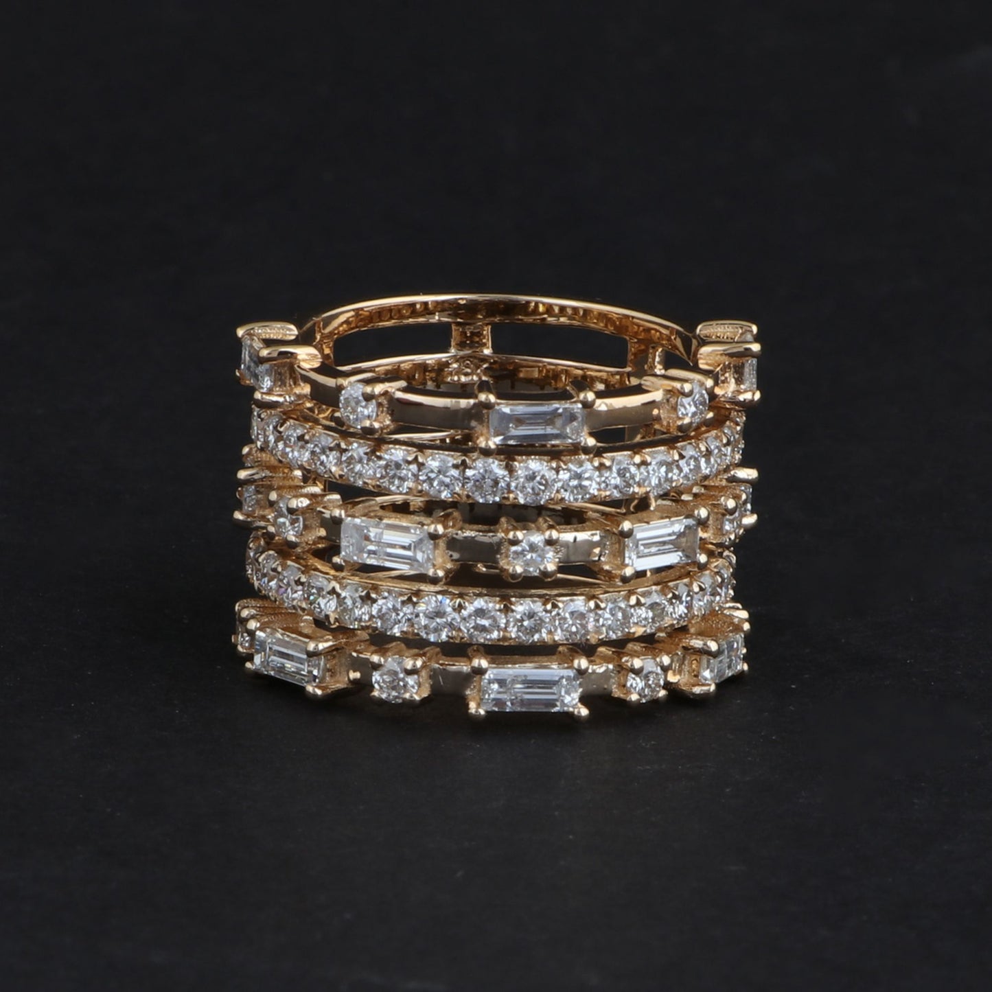 2.4 TCW Solid 18Kt Yellow Gold SI Clarity HI Color Baguette Diamond Multi Band Ring Indian Fine Jewelry