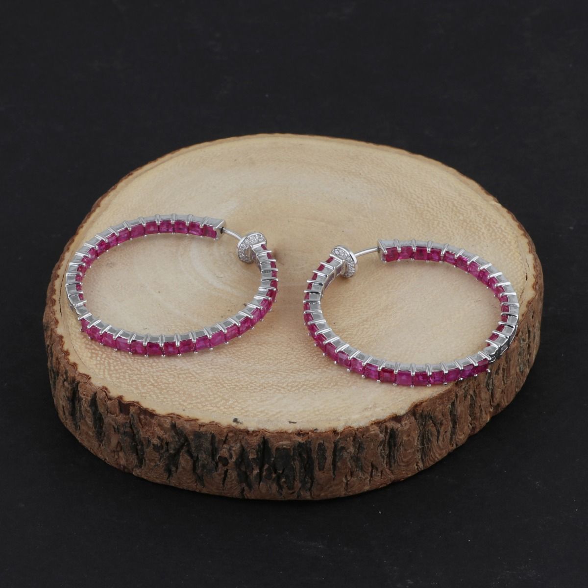 Genuine Ruby Solid 18 Kt White Gold SI Clarity HI Color Diamond Handmade Hoop Earrings