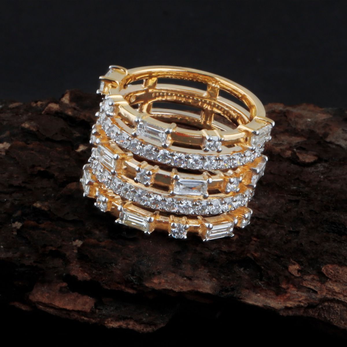 Solid 18Kt Yellow Gold SI Clarity HI Color Diamond Promise Layered Ring