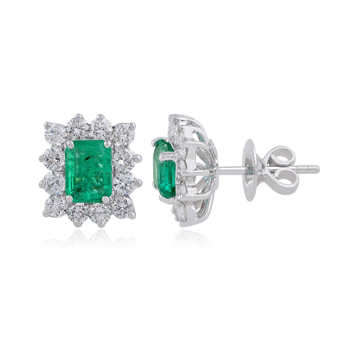 Rectangle Shaped Emerald Solid 18 Kt White Gold SI Clarity HI Color Round Diamond Fine Stud Earrings