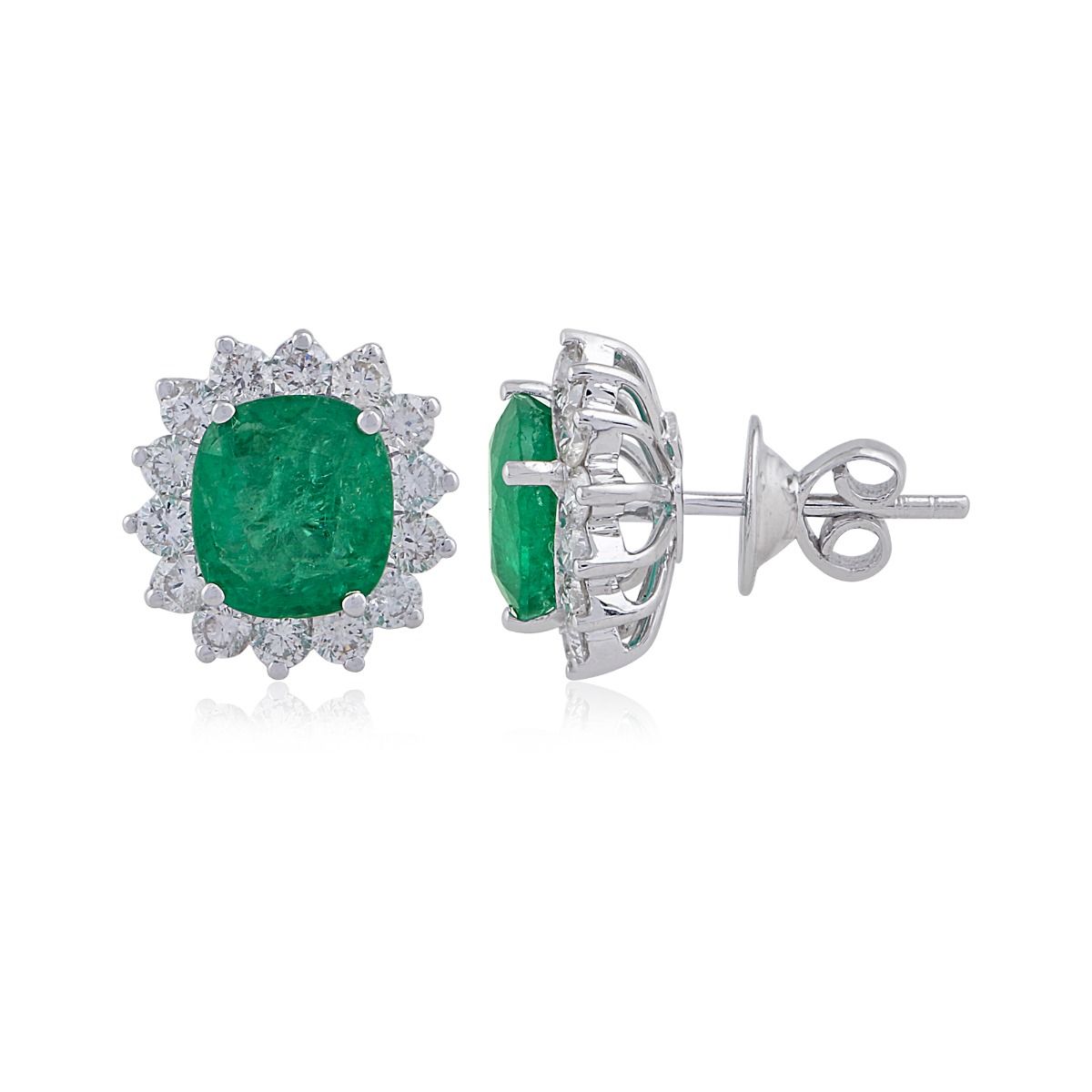 Natural Emerald Solid 18 Kt White Gold SI Clarity HI Color Round Diamond Handmade Stud Earrings
