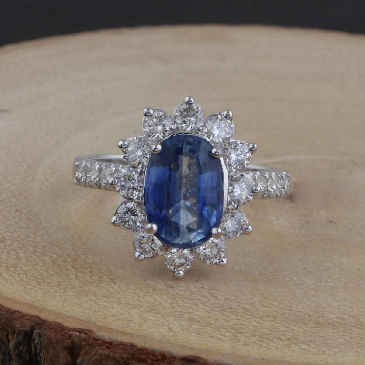 Oval Shaped Blue Sapphire Solid 14 Kt White Gold SI Clarity HI Color Diamond Proposal Ring