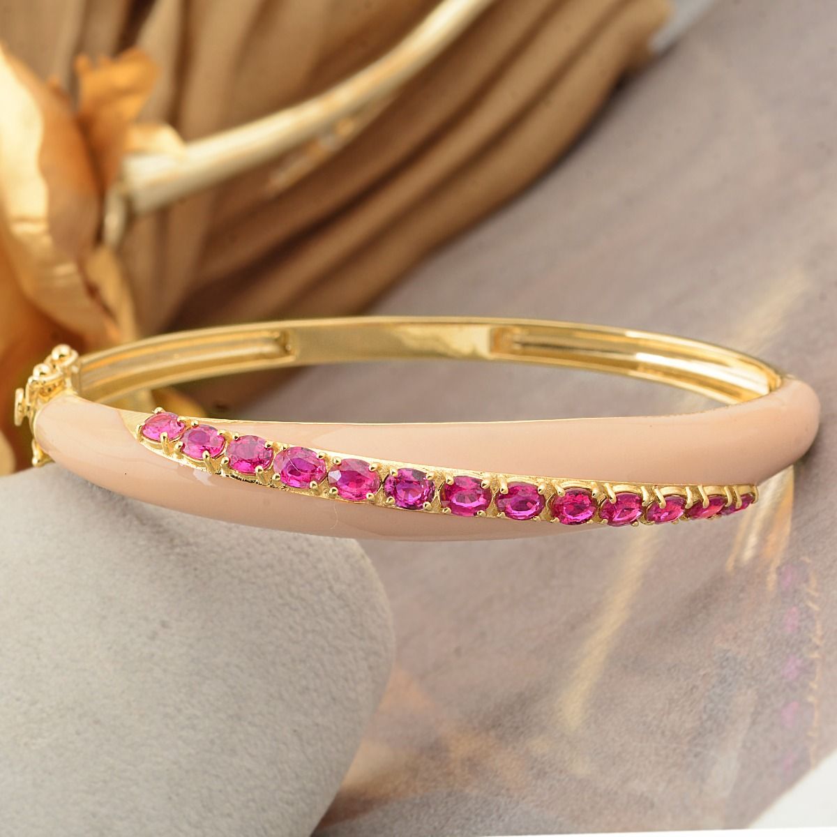18k Yellow Gold Bangle Bracelet Excellent Cut Ruby Gemstone Pink Enamel Jewelry | Party Wear Bangle | Birthday Gift for Her