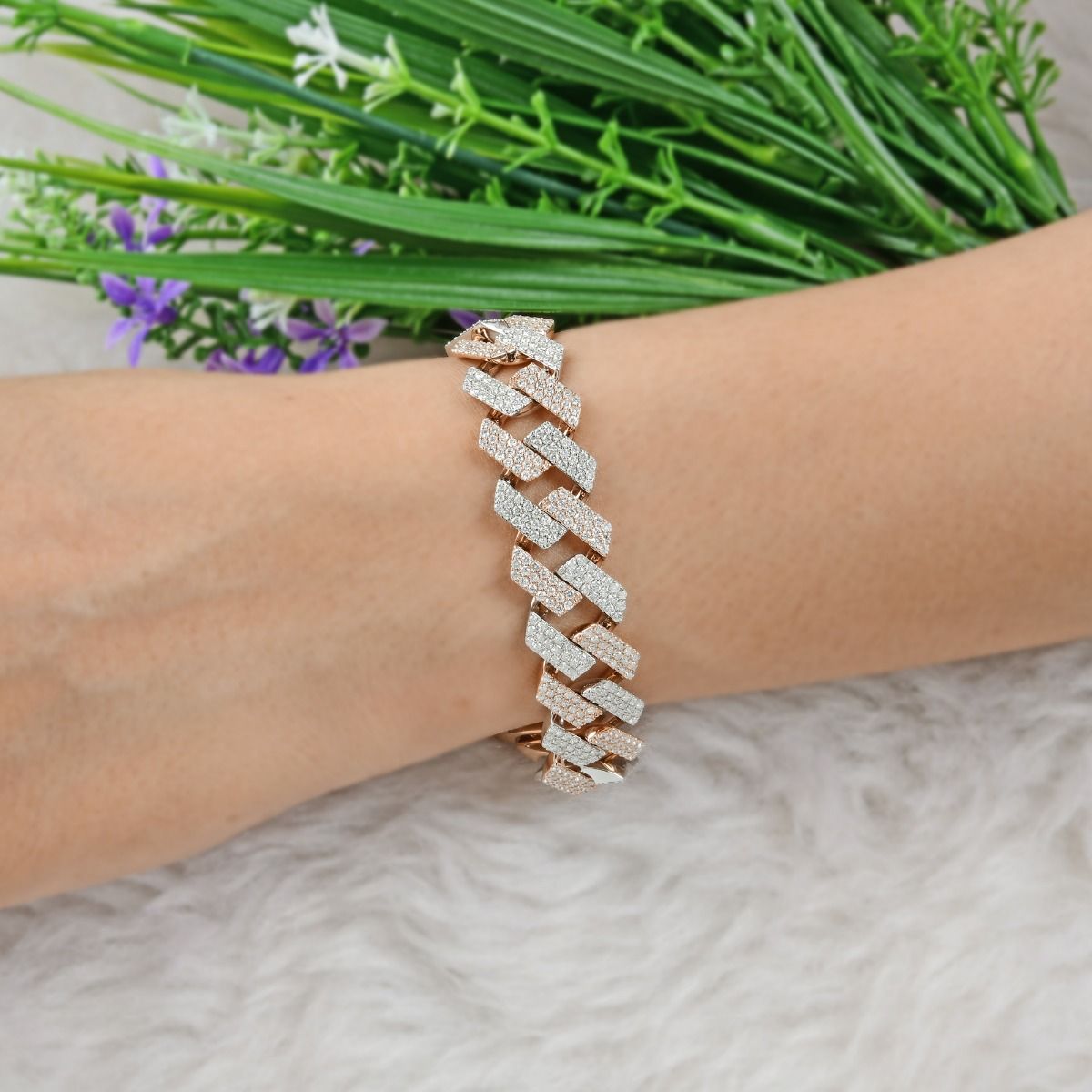 18k Rose & White Gold Handmade Bracelet Natural 8.80 Carat HI/SI Diamond Cuban Chain Bracelet