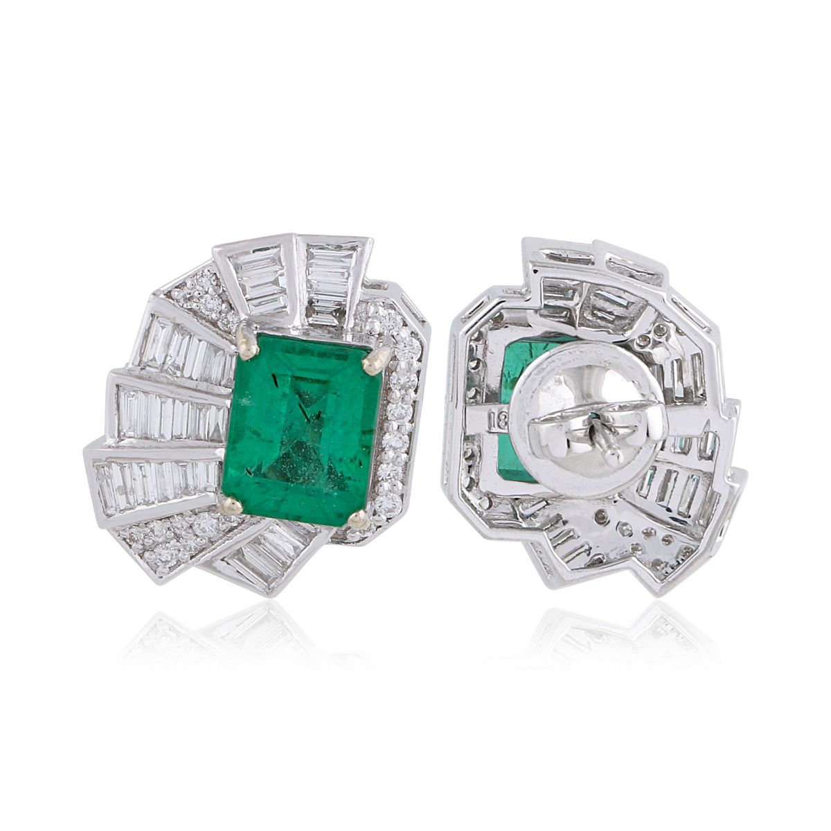 Solid 18 Kt White Gold Real Emerald SI Clarity HI Color Diamond Handmade Stud Earrings