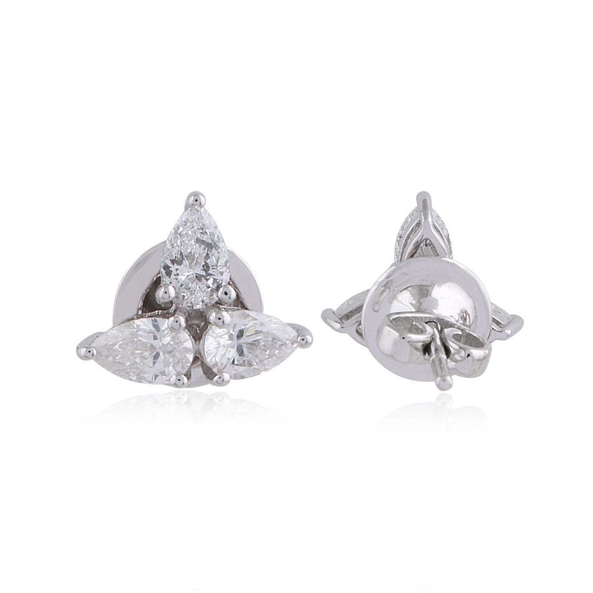 Three Pear Shaped SI Clarity HI Color Diamond 1.35 TCW Solid 18 Kt White Gold Handmade Stud Earrings
