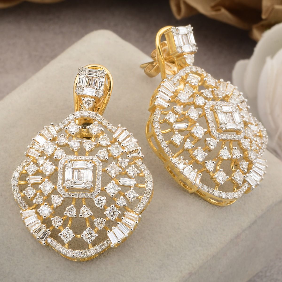 18k Yellow Gold 6.10 Ct Natural Baguette HI Color SI Clarity Diamond Dangle Design Earrings Jewelry | Party Wear Earrings