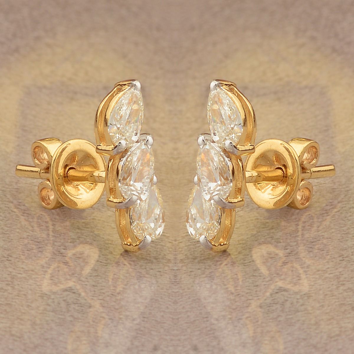 0.92 Ct Natural Pear HI Color SI Clarity Diamond Stud Earrings 18k Yellow Gold Leaf Design Jewelry | Anniversary Gift for Her