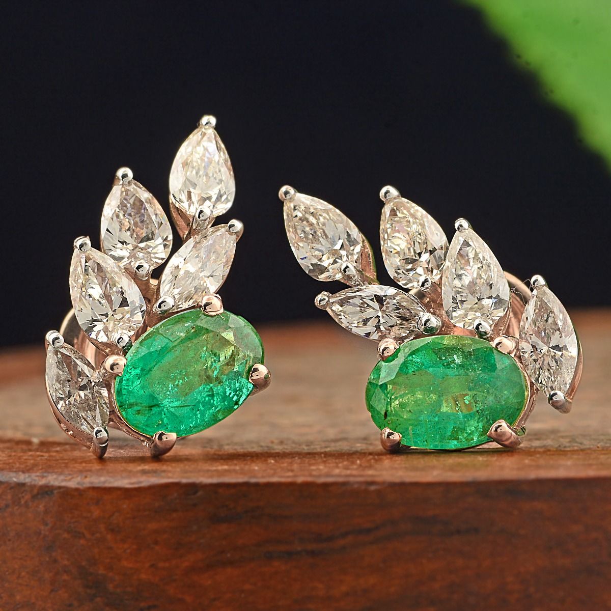 1.52 Ct Natural Emerald Stud Earrings 18k Rose Gold Diamond Leaf Design Jewelry | Zambian Emerald Earrings | Gift for Her