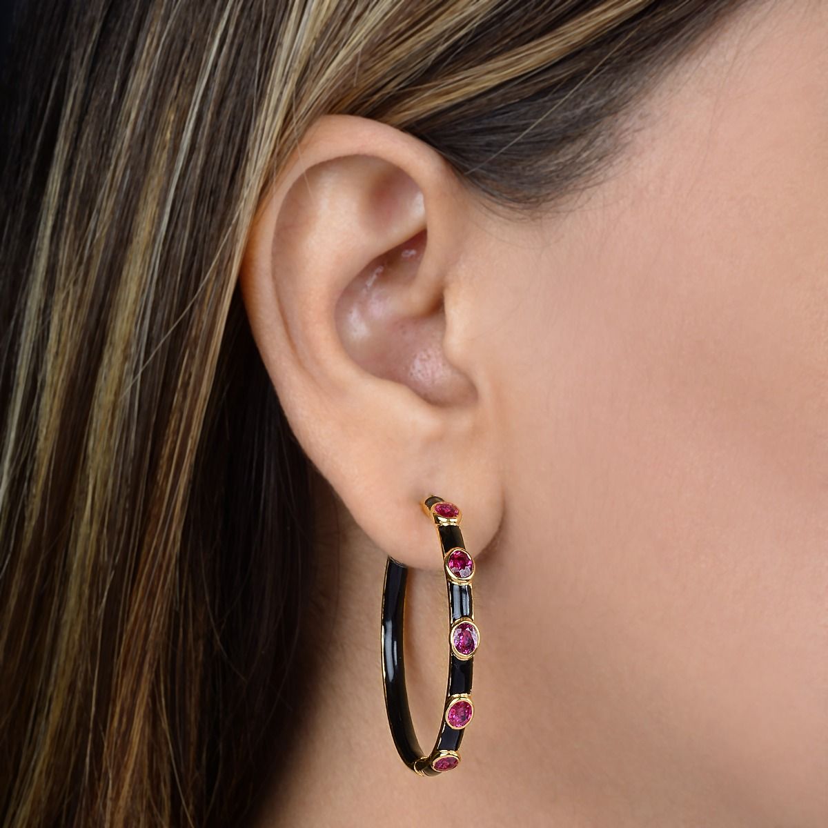 2.24 Ct Natural Red Ruby Gemstone Black Enamel Hoop Earrings 18k Yellow Gold Jewelry | Fine Jewelry for Women