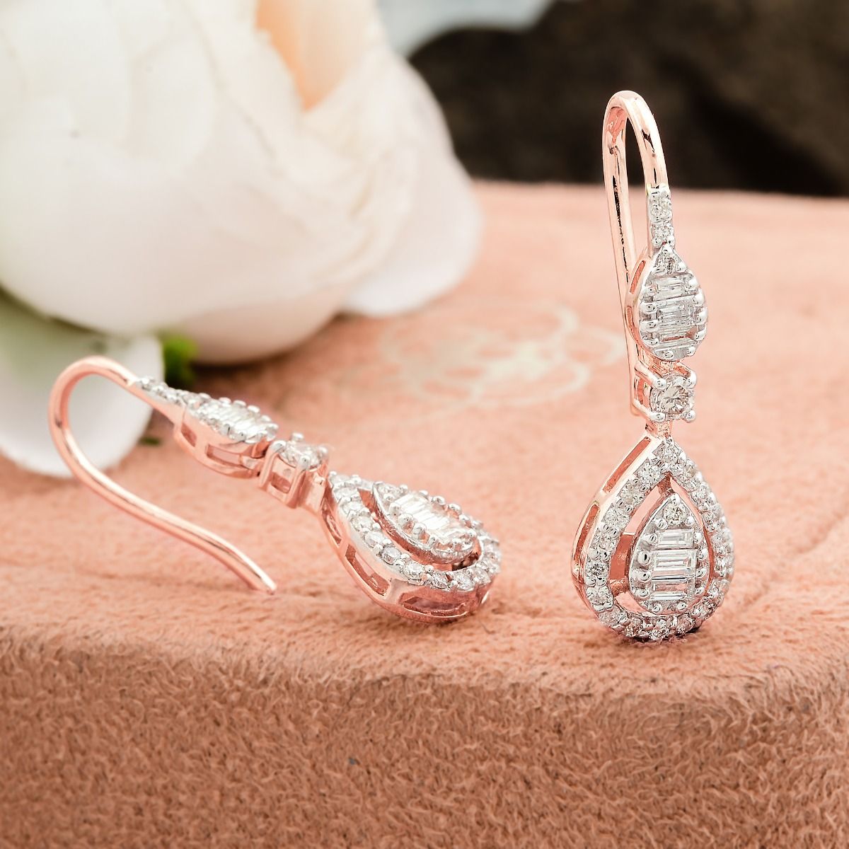 18k Rose Gold Handmade Earring Natural 0.580 Ct. Baguette & Round Shape Diamond Jewelry Valentine Day Gift For Her