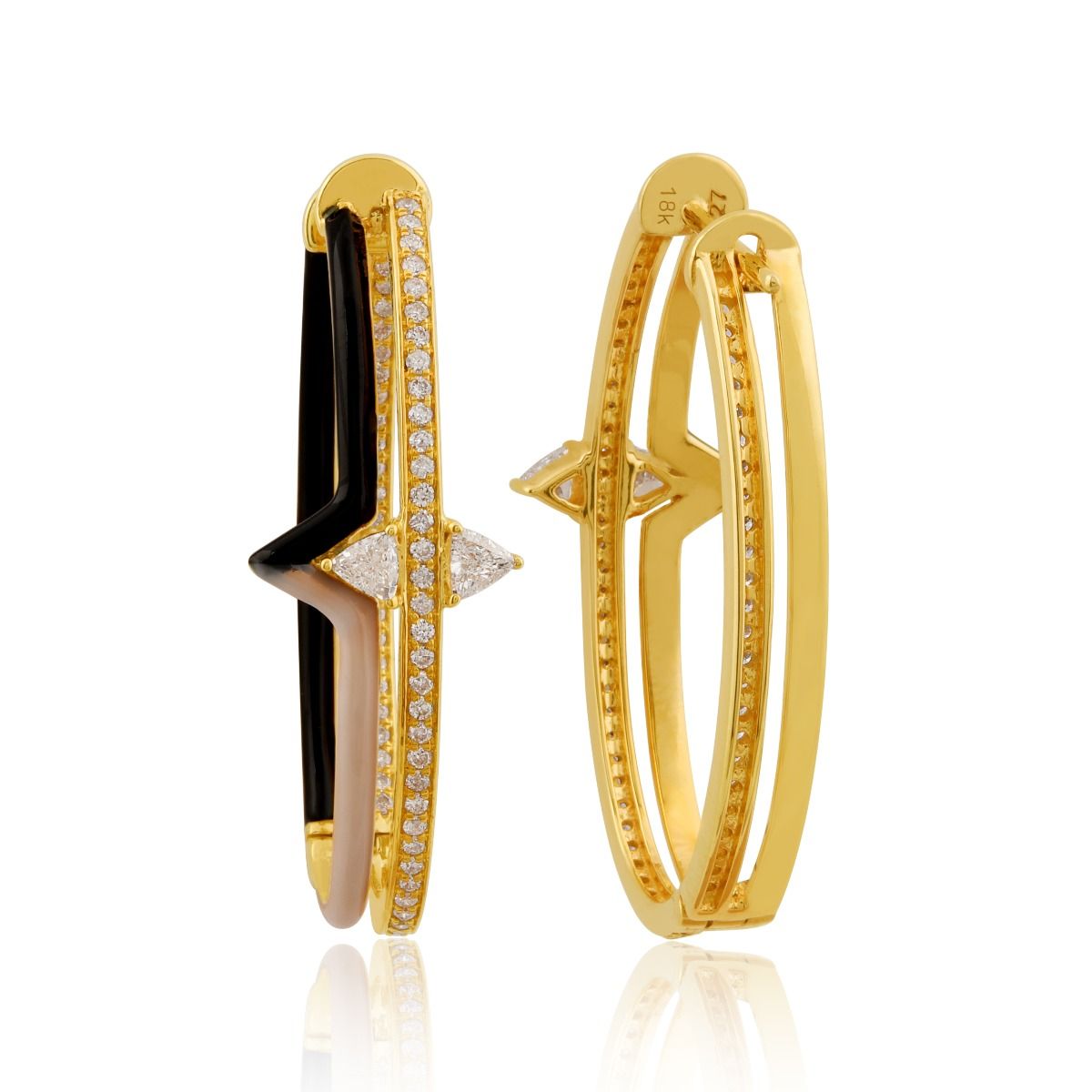 Natural 0.99 Ct Hi Color Si Clarity Diamond 18k Yellow Gold Enamel Handmade Hoop Earrings