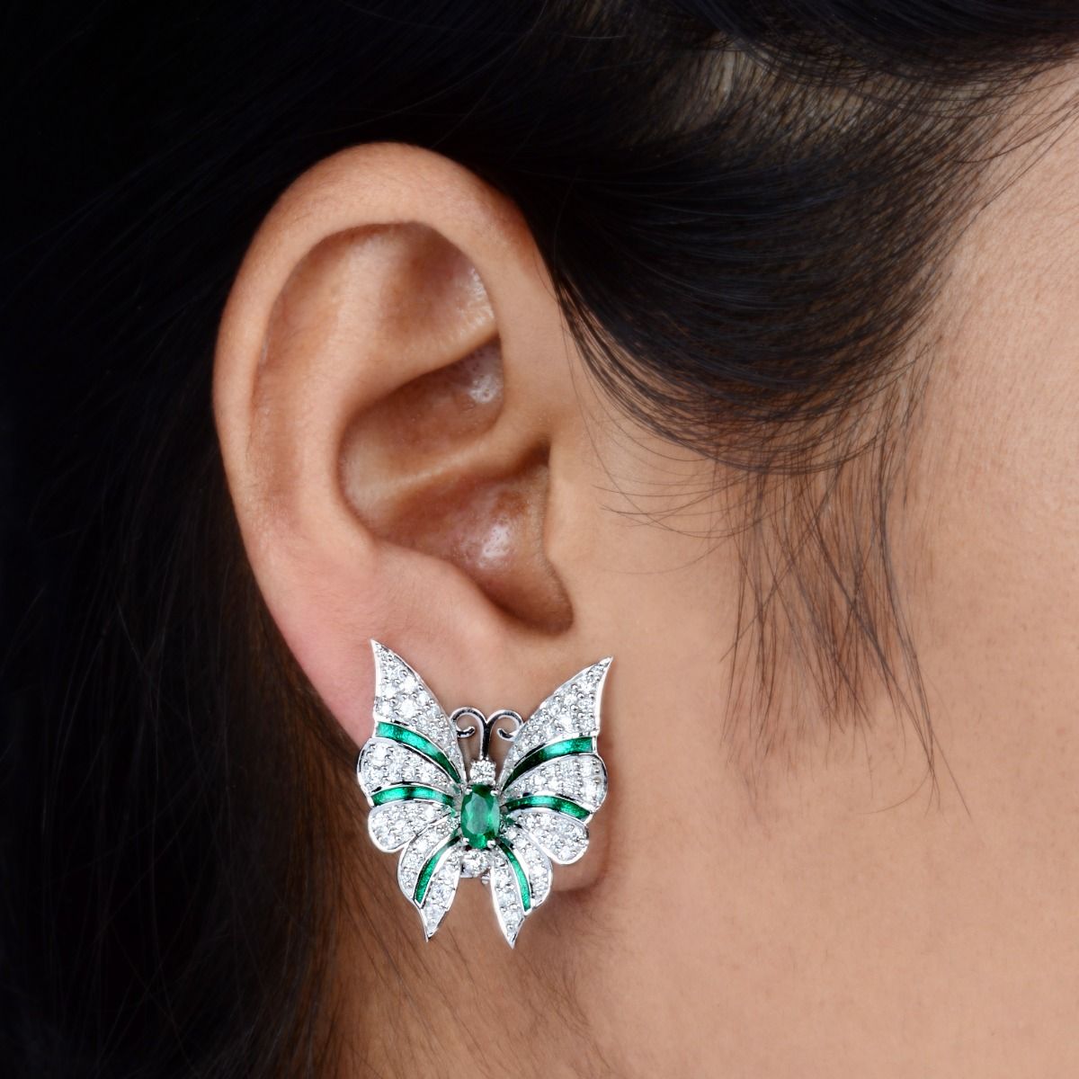 Real Diamond Oval Emerald Butterfly Stud Earrings 18k White Gold Fine Jewelry | Studs for Girls