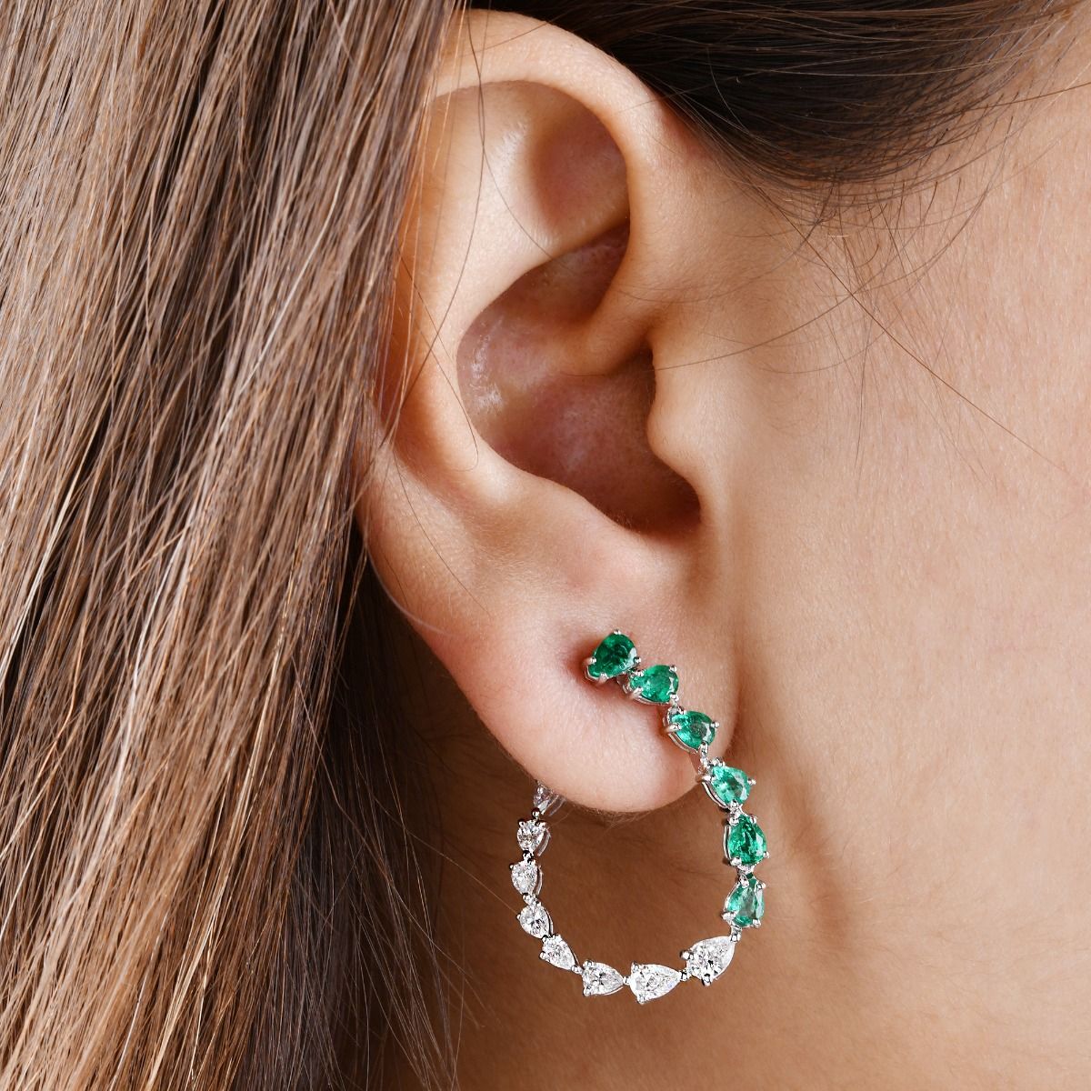 18k White Gold 1.20 Carat HI/SI Diamond Handmade Earrings Natural Zambian Emerald Jewelry Anniversary Gift For Her