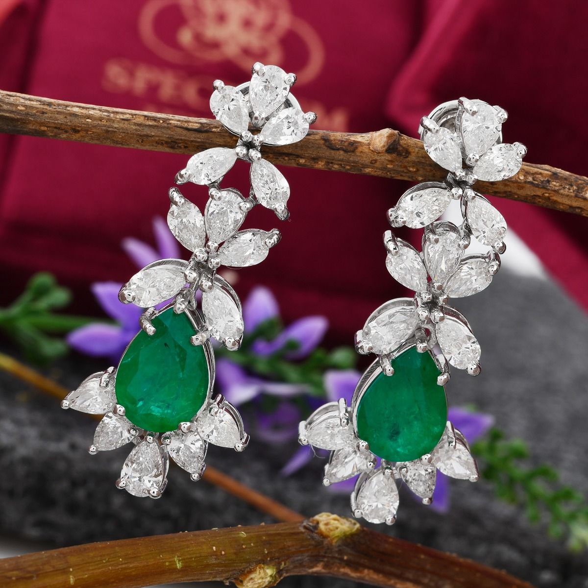 Natural 4.40 Carat HI/SI Diamond 18k White Gold Dangle Earrings Zambian Emerald Handmade Women Jewelry