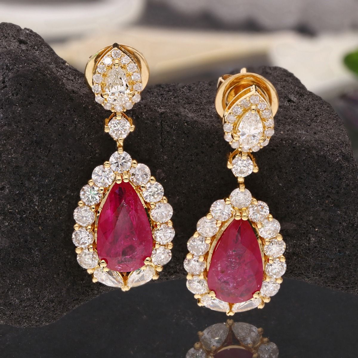 18k Yellow Gold Handmade Earrings Natural 2.24 Carat HI/SI Diamond Ruby Gemstone Women Jewelry