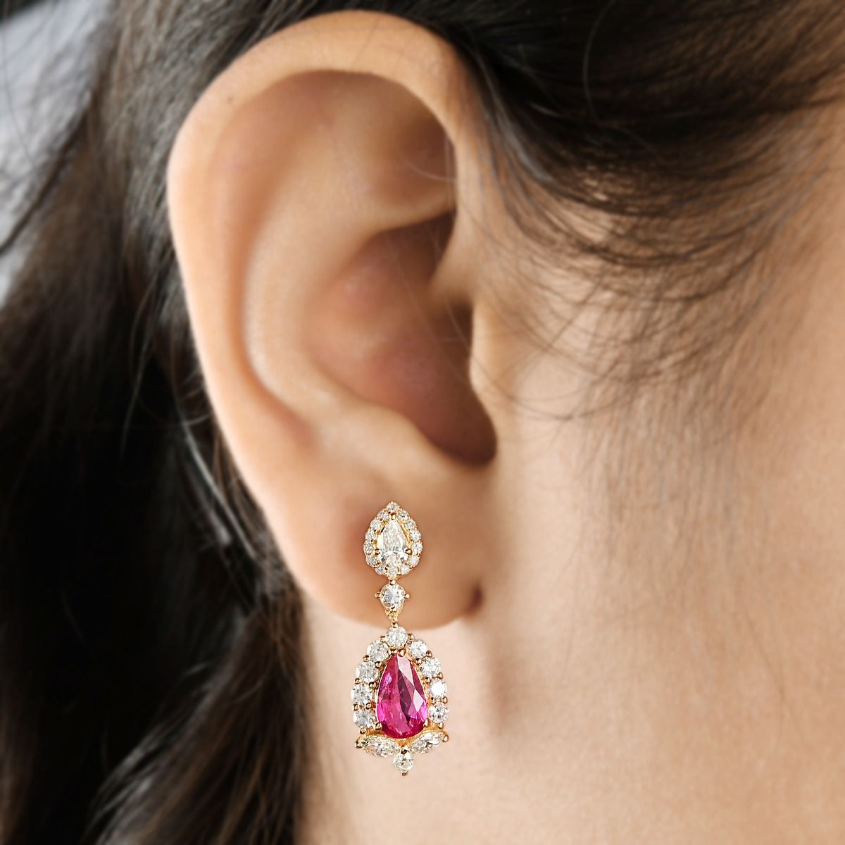 1.61 Carat HI/SI Diamond Ruby Gemstone Dangle Earrings 18k Yellow Gold Handmade Jewelry Gift For Her