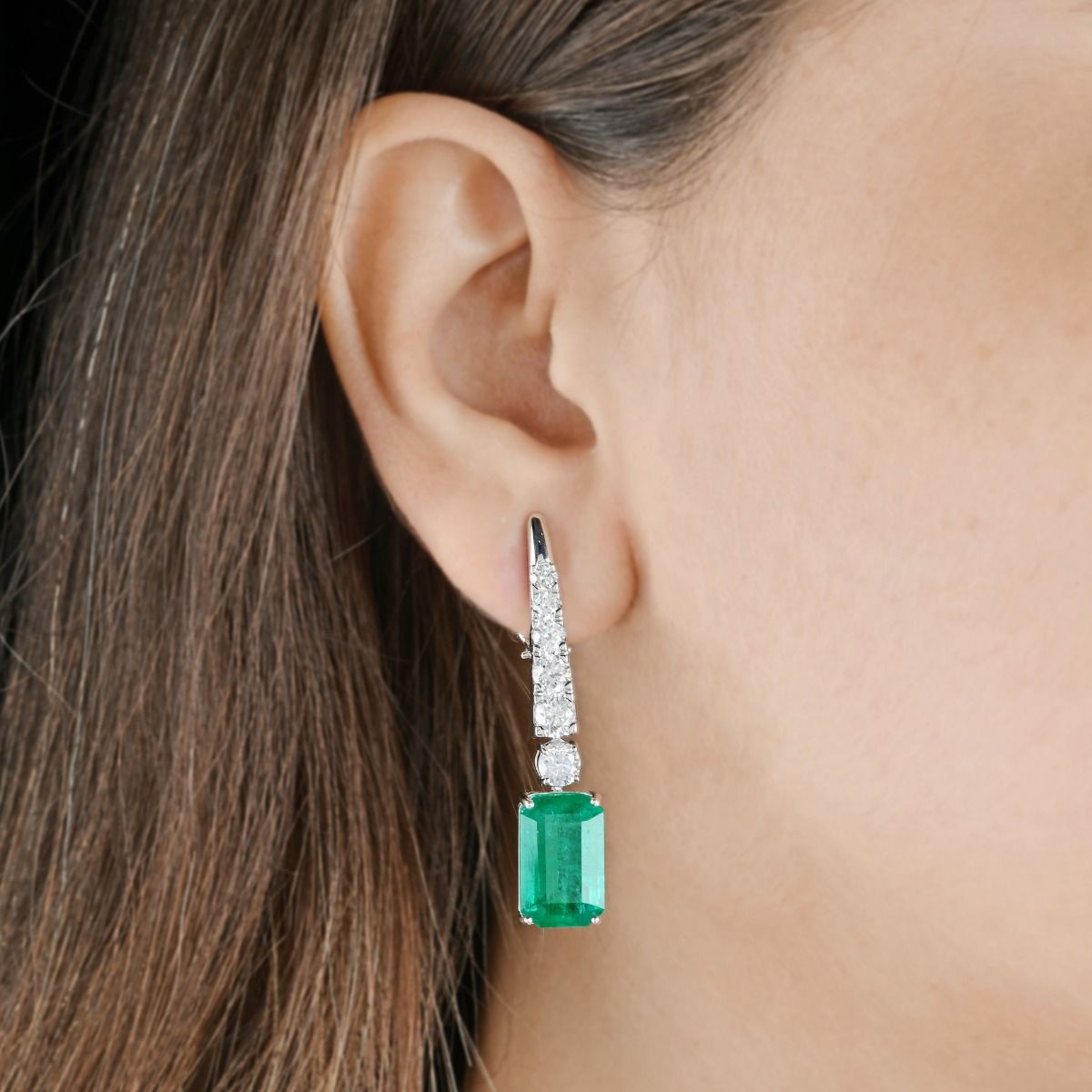Emerald Cut Zambian Emerald Gemstone Dangle Earrings 18k White Gold Natural 3.06 Carat HI Color SI Clarity Diamond Handmade Women Jewelry