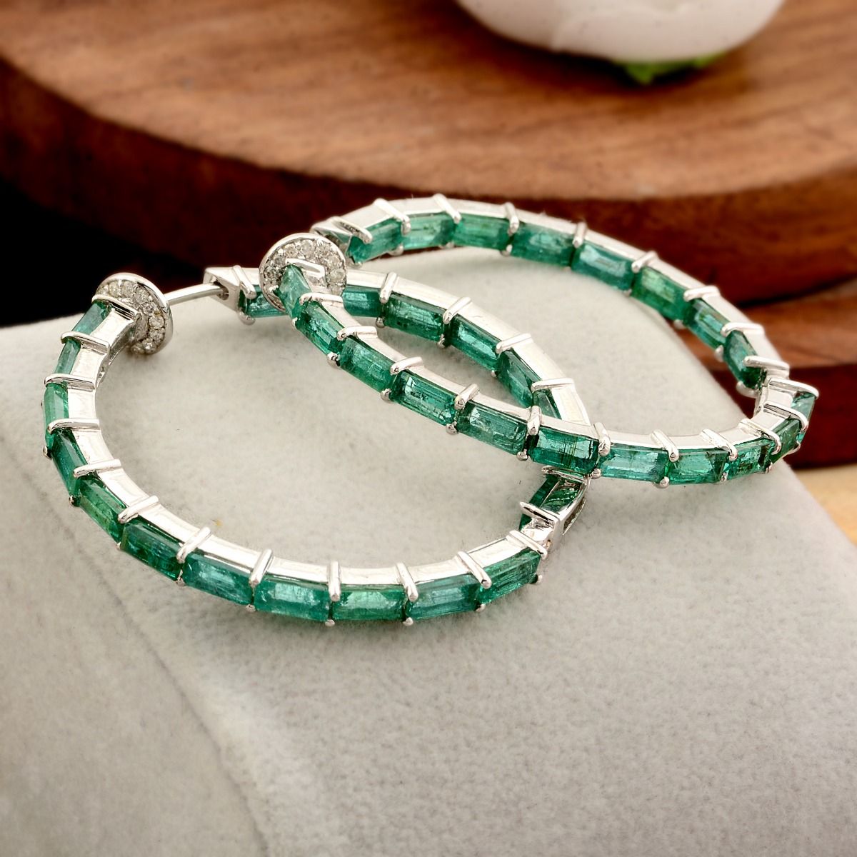 18k White Gold 7.88 TCW SI Clarity HI Color Diamond Zambian Emerald Gemstone Hoop Earrings Jewelry For Women , Pair Of Hoop Earring