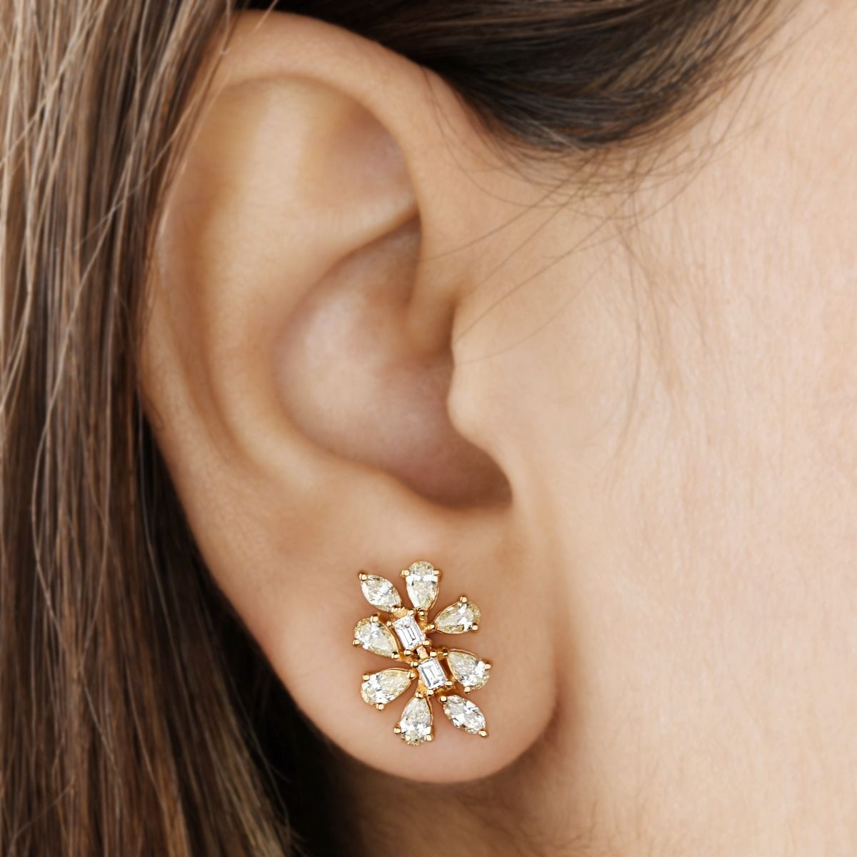 Solid 18k Yellow Gold Stud Earrings Natural 1.70 Carat HI/SI Diamond Handmade Jewelry