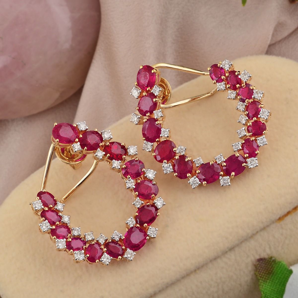 Real Ruby Solid 18 Kt Yellow Gold SI Clarity HI Color Diamond Handmade Designer Earrings