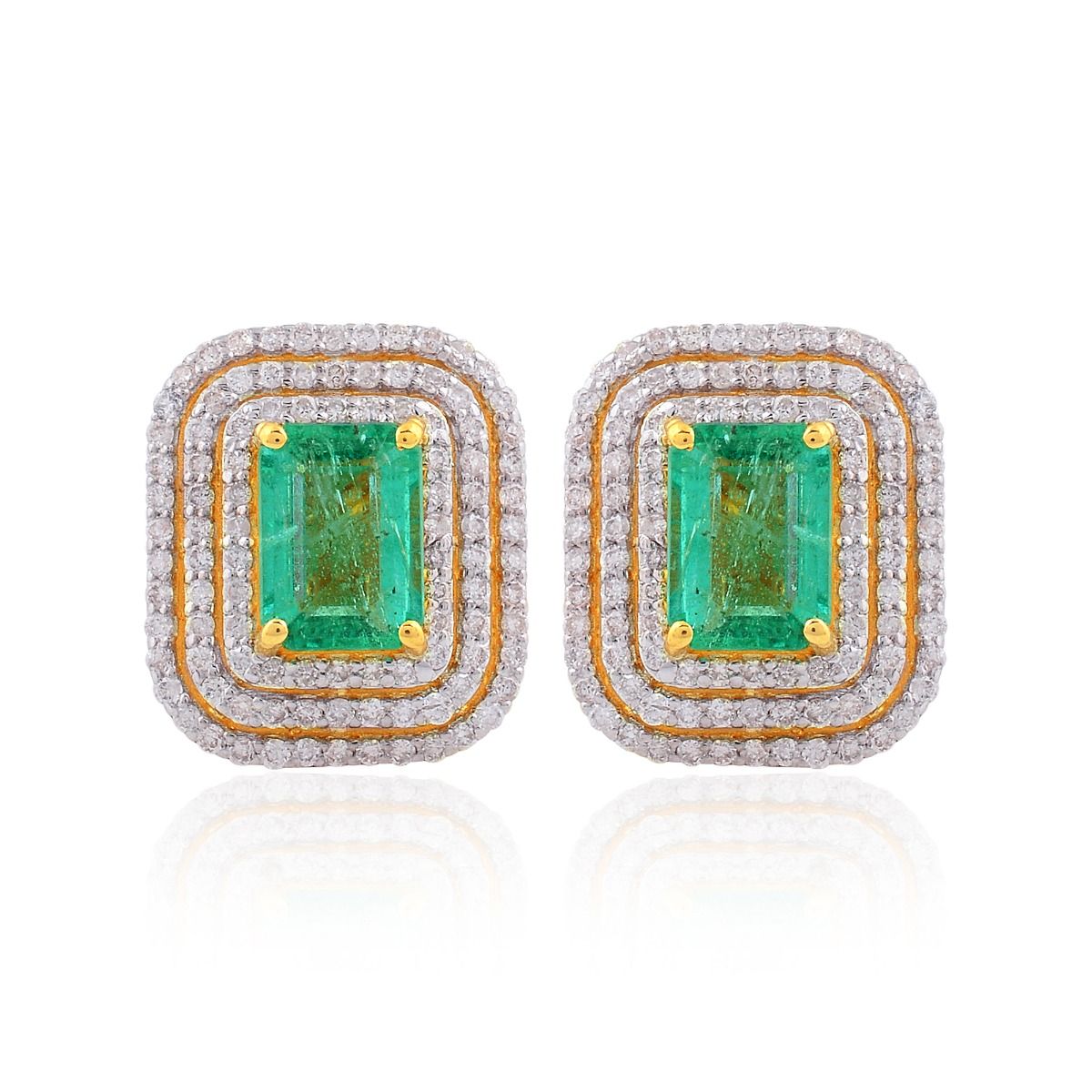 Rectangle Shaped Emerald Solid 18 Kt Yellow Gold SI Clarity HI Color Diamond Handmade Stud Earrings