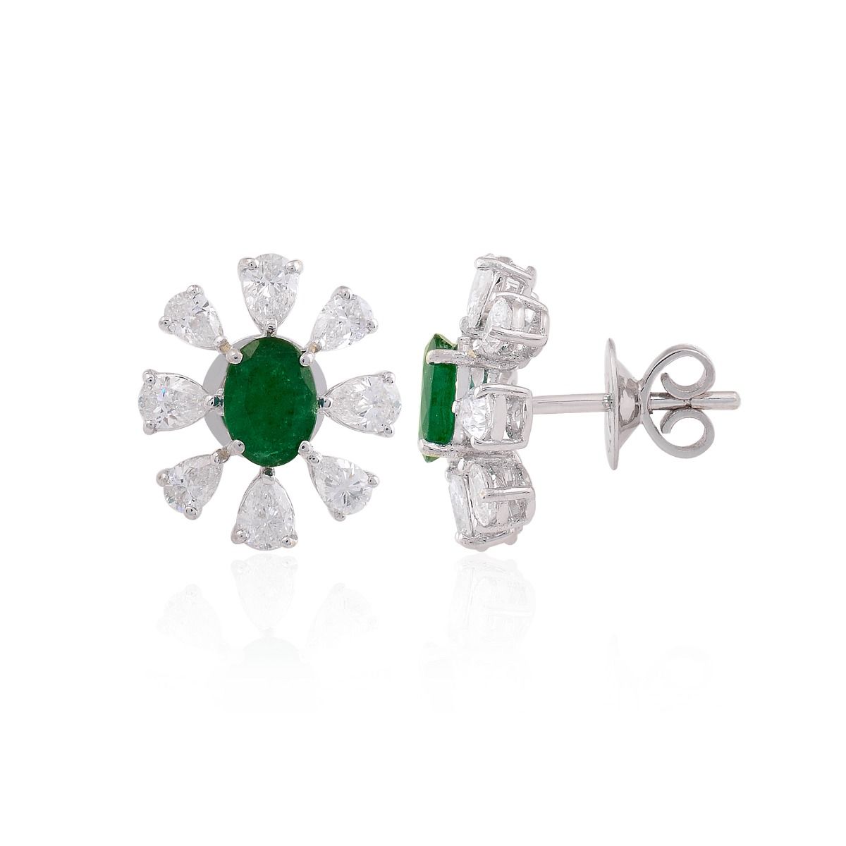 3.96 TCW SI Clarity HI Color Diamond 18k White Gold Zambian Emerald Gemstone Flower Stud Earrings |Jewelry For Women |Diamond Earrings |Anniversary Gift For Her