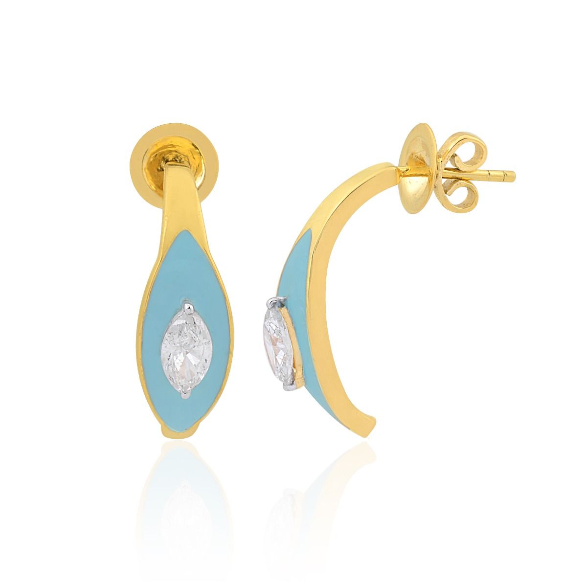 0.75Ct. SI Clarity HI Color Diamond 18k Yellow Gold Blue Enamel Stud Earring For Women|Marquise Shape Diamond Stud |Jewelry For Her|Gift For Her |