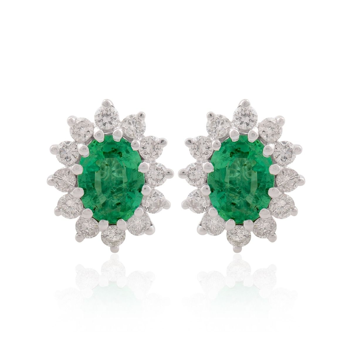 18k White Gold 2.09 TCW SI Clarity HI Color Diamond Stud Earring Zambian Emerald Gemstone Stud Earrings Handmade Jewelry