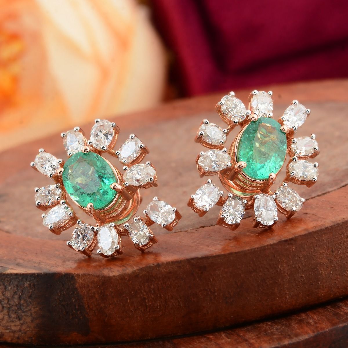 5.45 TCW Si Clarity HI Color Diamond Zambian Emerald Gemstone 18k Rose Gold Stud Earrings Jewelry For Women , Gift For Her