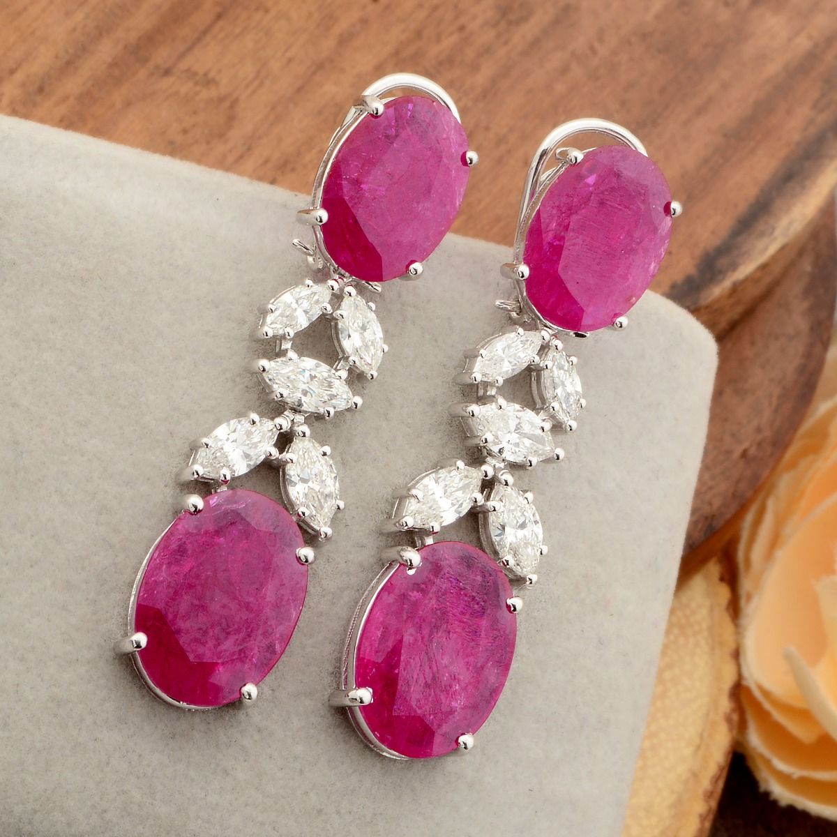 19.75 TCW Natural Hi Color Si Clarity Diamond Ruby Gemstone Dangle Earrings 18k White Gold Jewelry | Anniversary Gift for Her