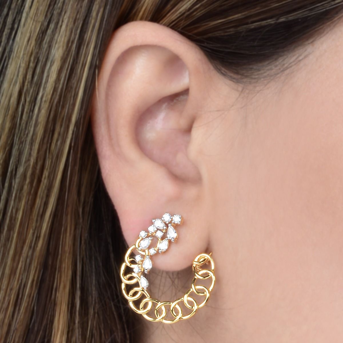 18k Yellow Gold 1.30 TCW SI Clarity HI Color Diamonds Hoop Earrings |Curb Chain Design Earrings |Diamond Earrings |Jewelry For Women