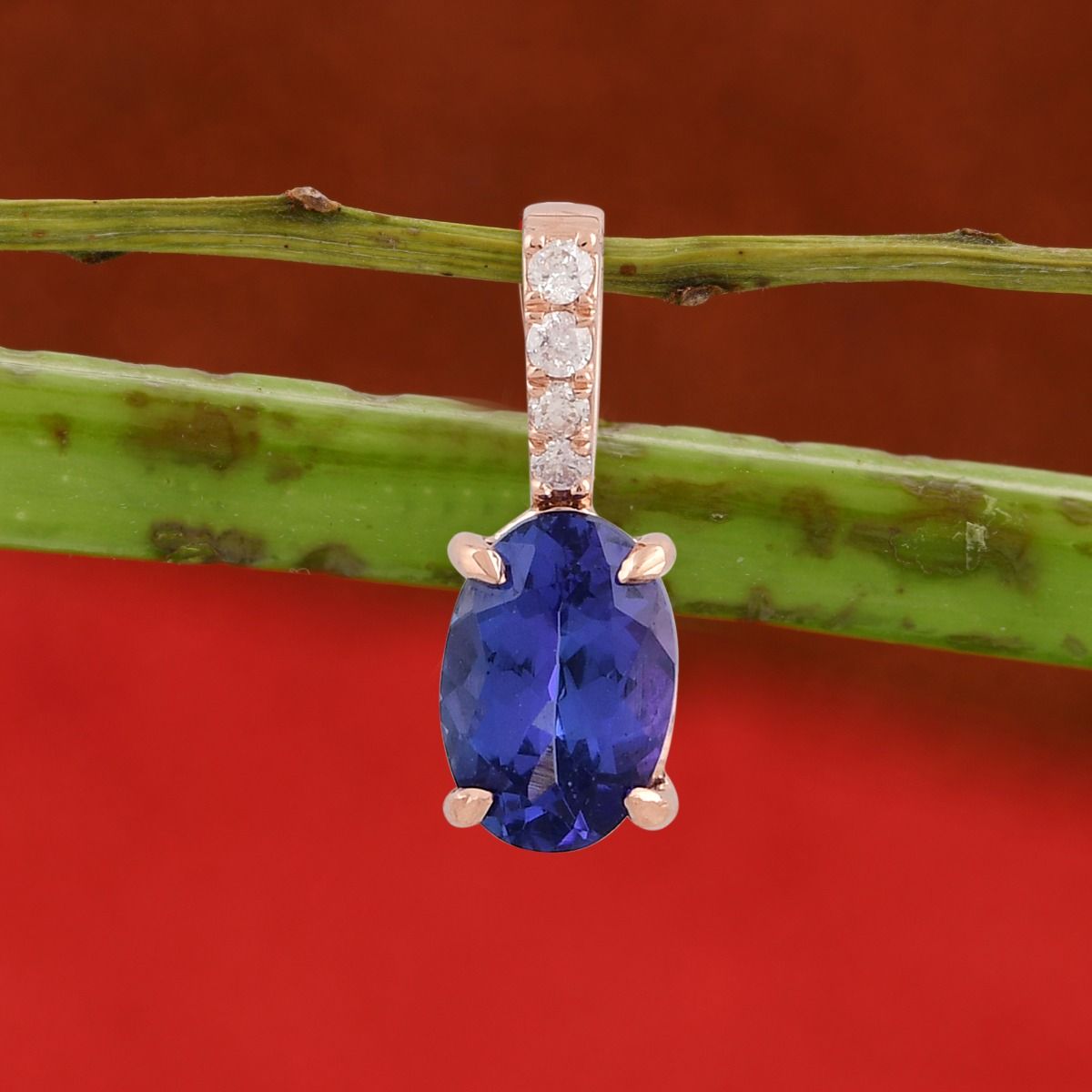 Oval Shape Tanzanite Gemstone 0.05 Carat HI/SI Diamond Tiny Pendant Solid 18k Rose Gold Handmade Women Jewelry