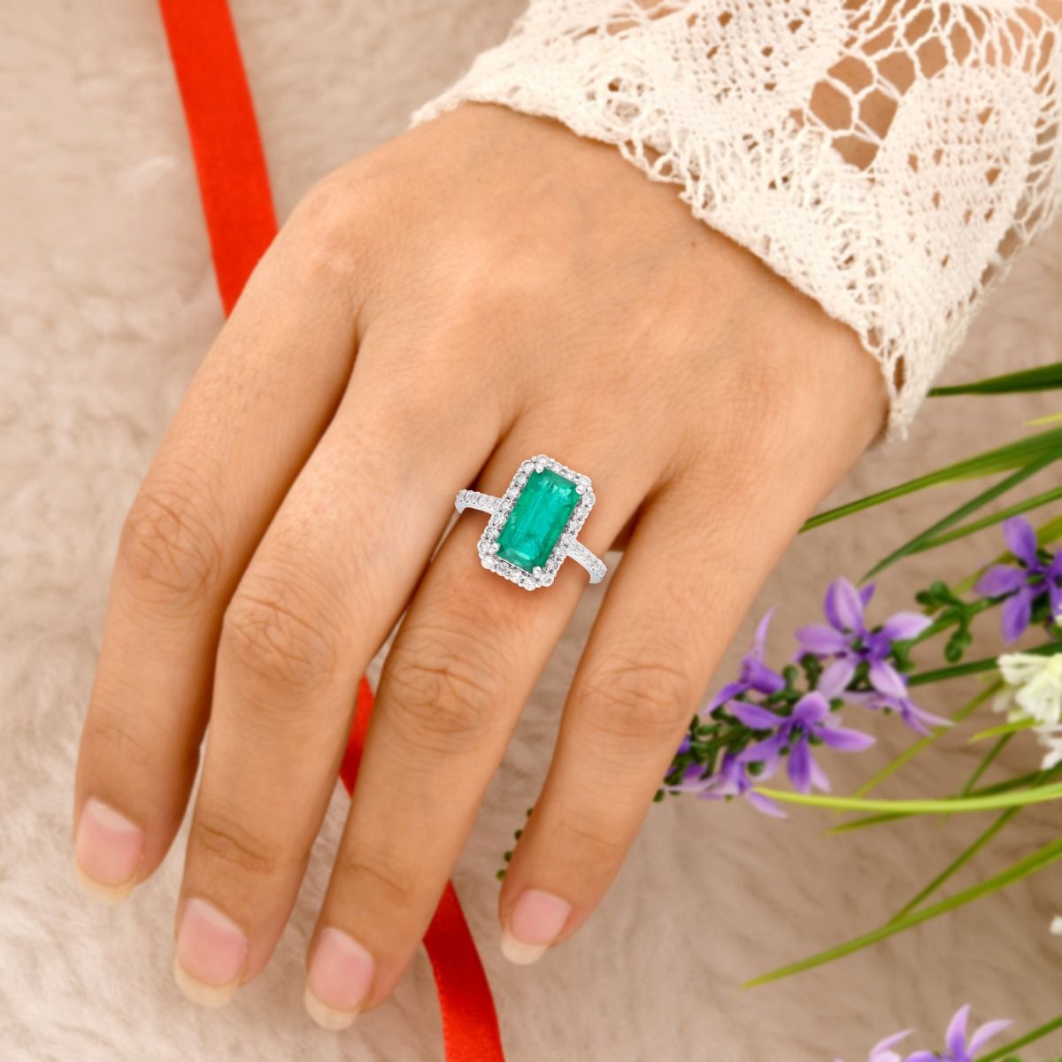 Natural 0.60 Carat HI/SI Diamond Emerald Cut Zambian Emerald Gemstone Ring Solid 18k White Gold Handmade Jewelry Anniversary Gift For Her