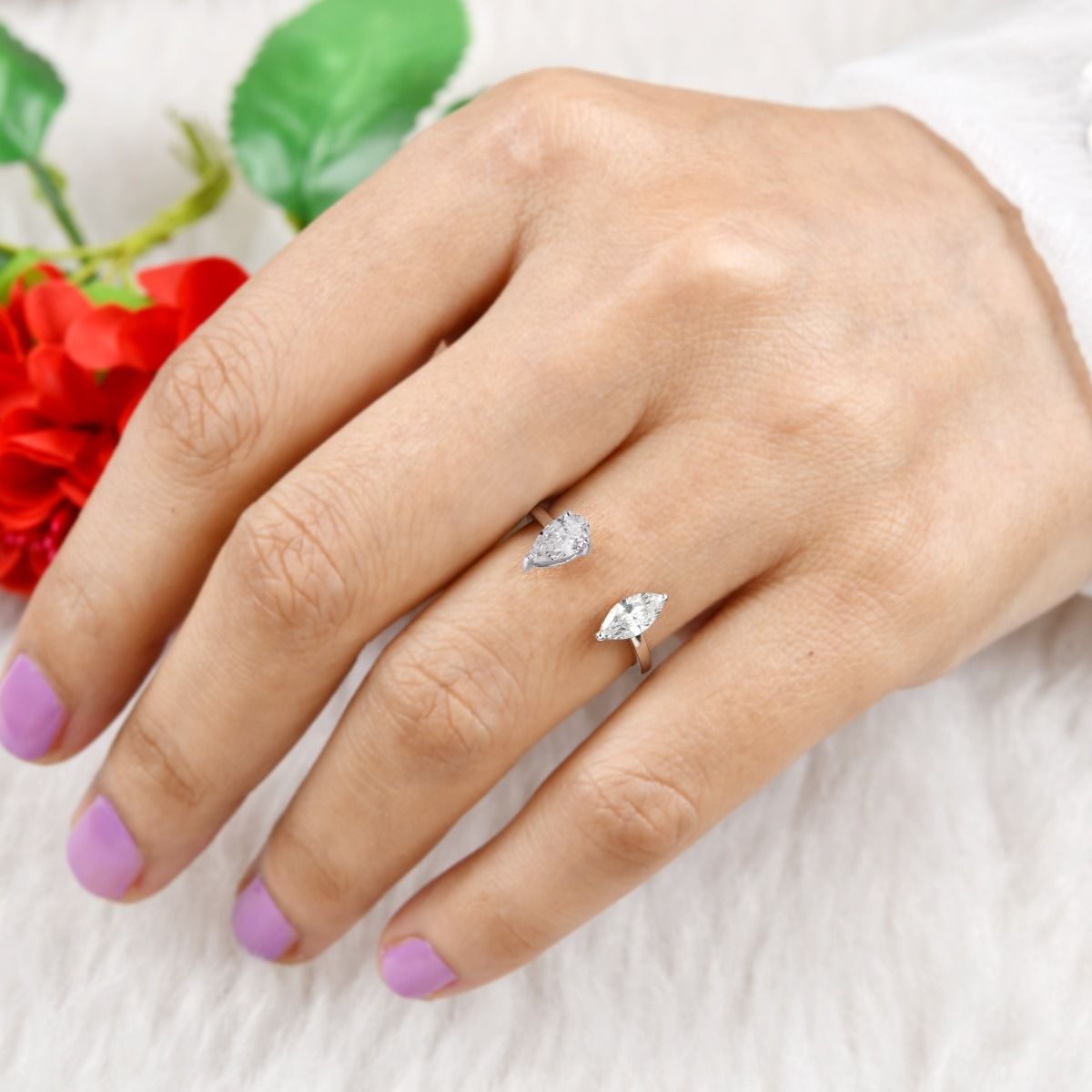 18k White Gold Handmade Cuff Ring Natural 0.48 Carat HI/SI Diamond Jewelry Gift For Her