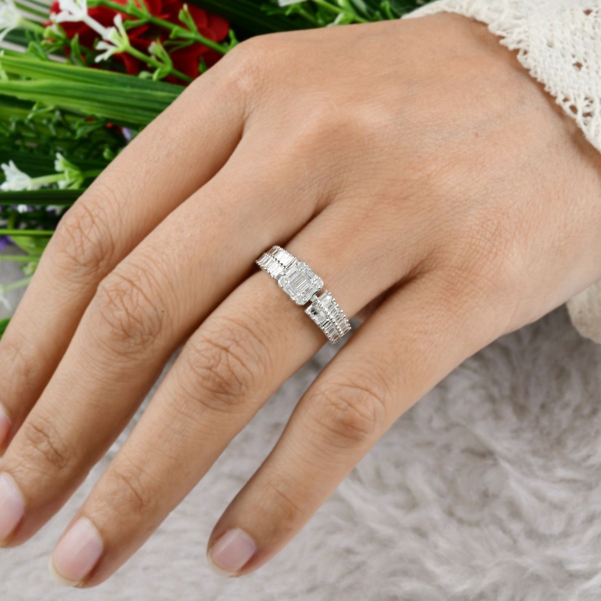 Natural 0.90 Carat HI/SI Round & Baguette Diamond Band Ring 18k White Gold Handmade Jewelry