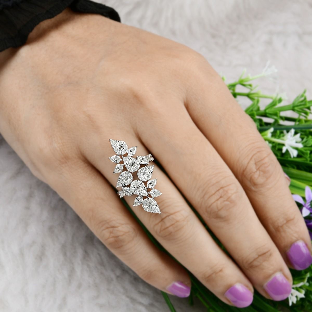 Solid 18k White Gold Cocktail Ring Natural 2.50 Carat HI Color SI Clarity Diamond Women Fine Jewelry