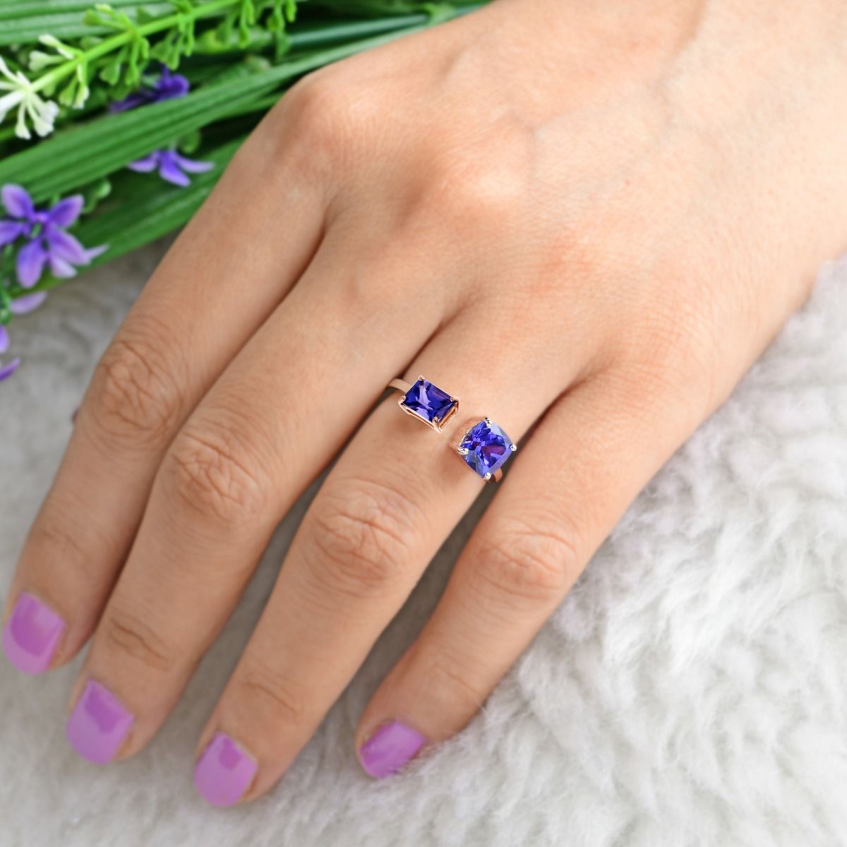 18k Rose Gold Handmade Cuff Ring Natural Tanzanite Gemstone Jewelry Birthday Gift For Her