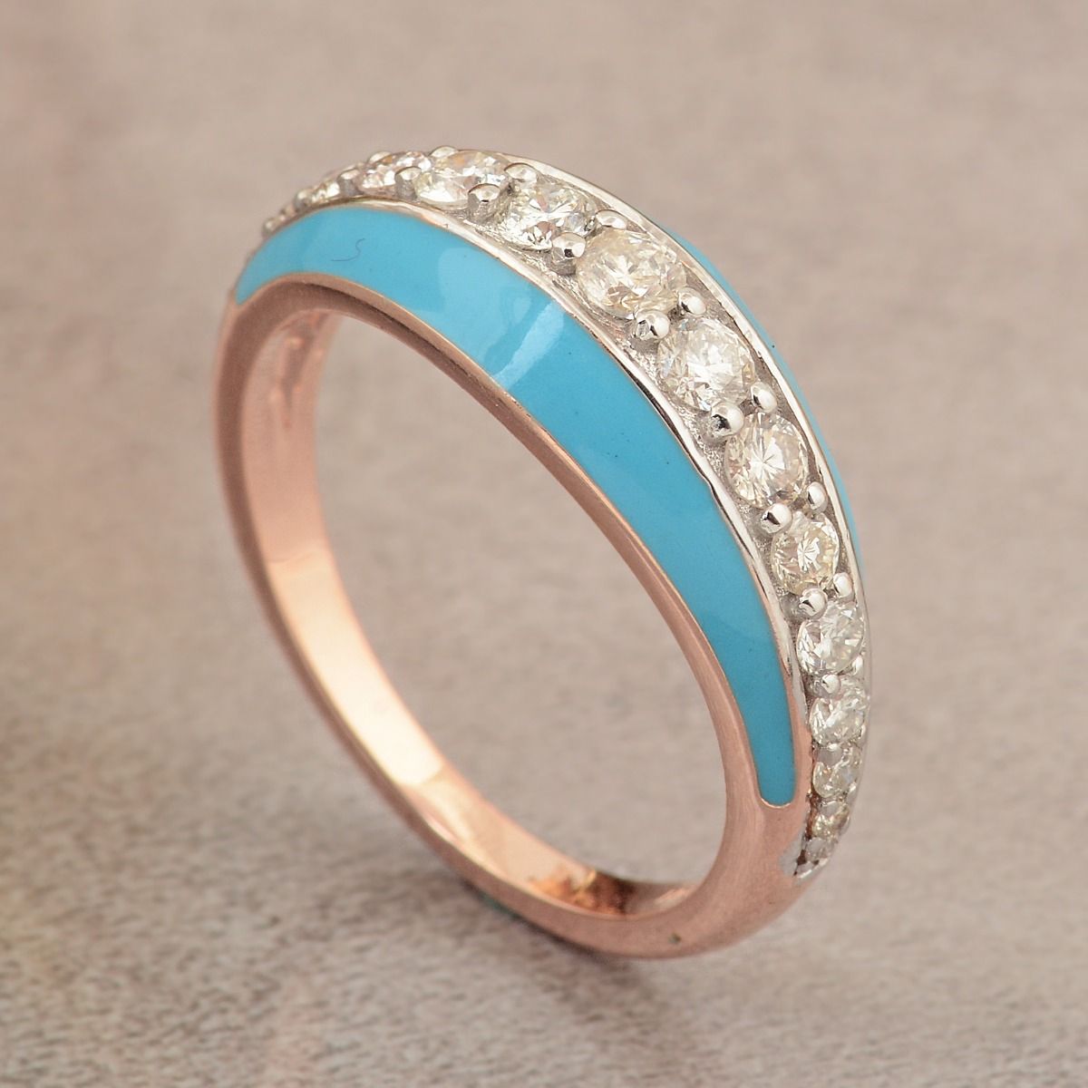 0.60 TCW Round Brilliant Cut Diamond Ring 18K Rose Gold Blue Enamel Fine Jewelry | Birthday Gift for Her