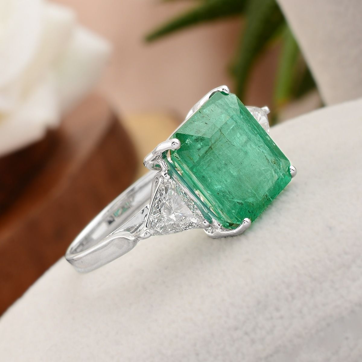 7.38 TCW 18 k White Gold SI Clarity HI Color Diamond Zambian Emerald Gemstone Solitaire Ring Handmade Jewelry