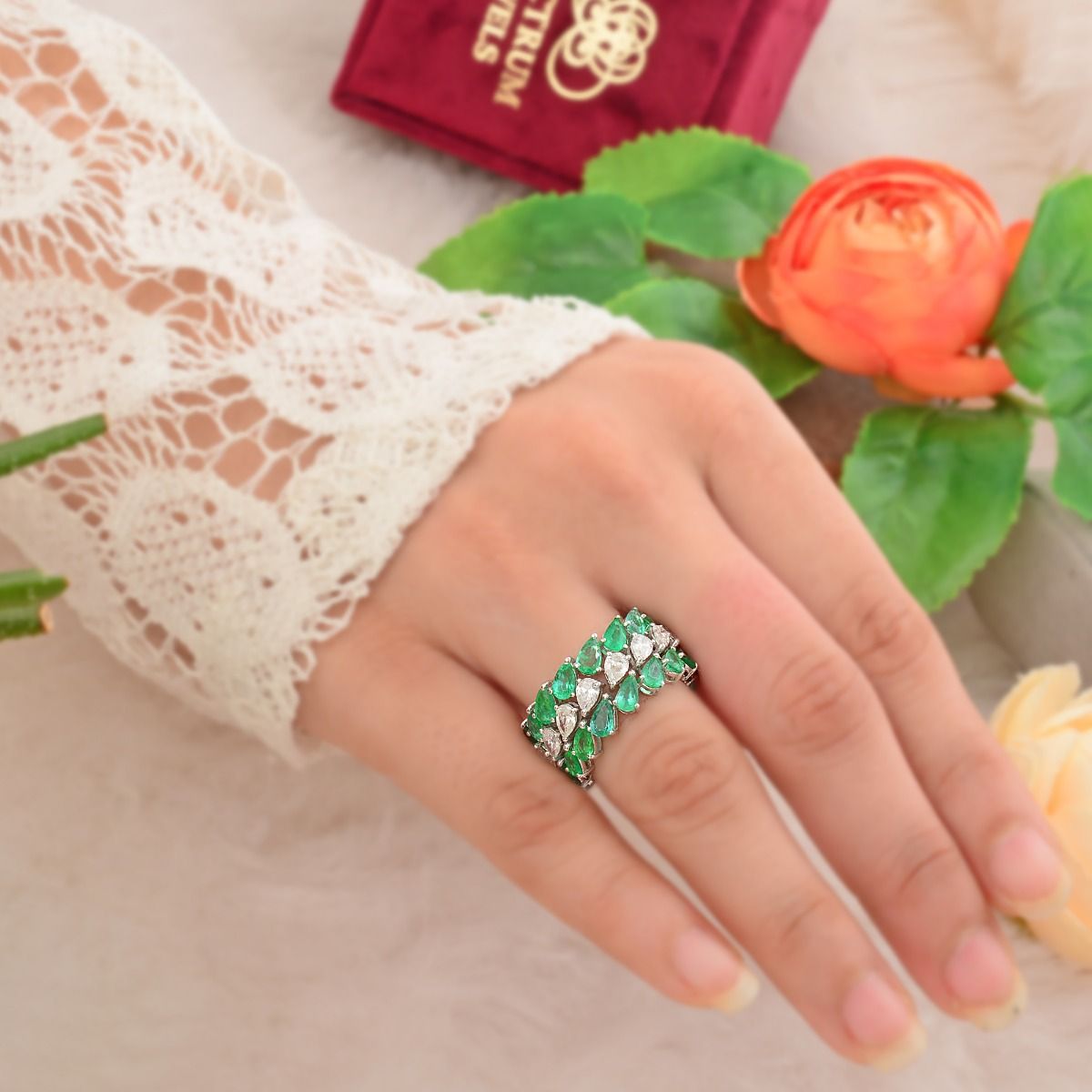 18k White Gold 6.90 TCW SI Clarity HI Color Diamond Zambian Emerald Gemstone Band Ring Handmade Jewelry