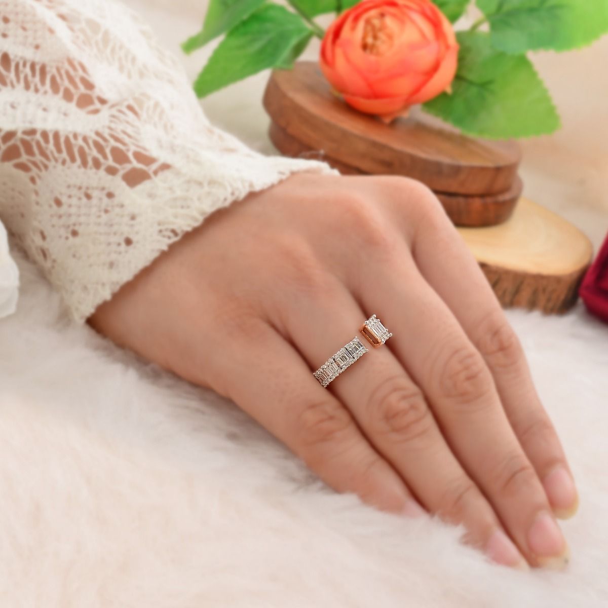 18k Rose Gol 0.50 TCW SI Clarity HI Color Diamond Baguette Cuff Ring Handmade Jewelry for Women , Anniversary Gift For Her