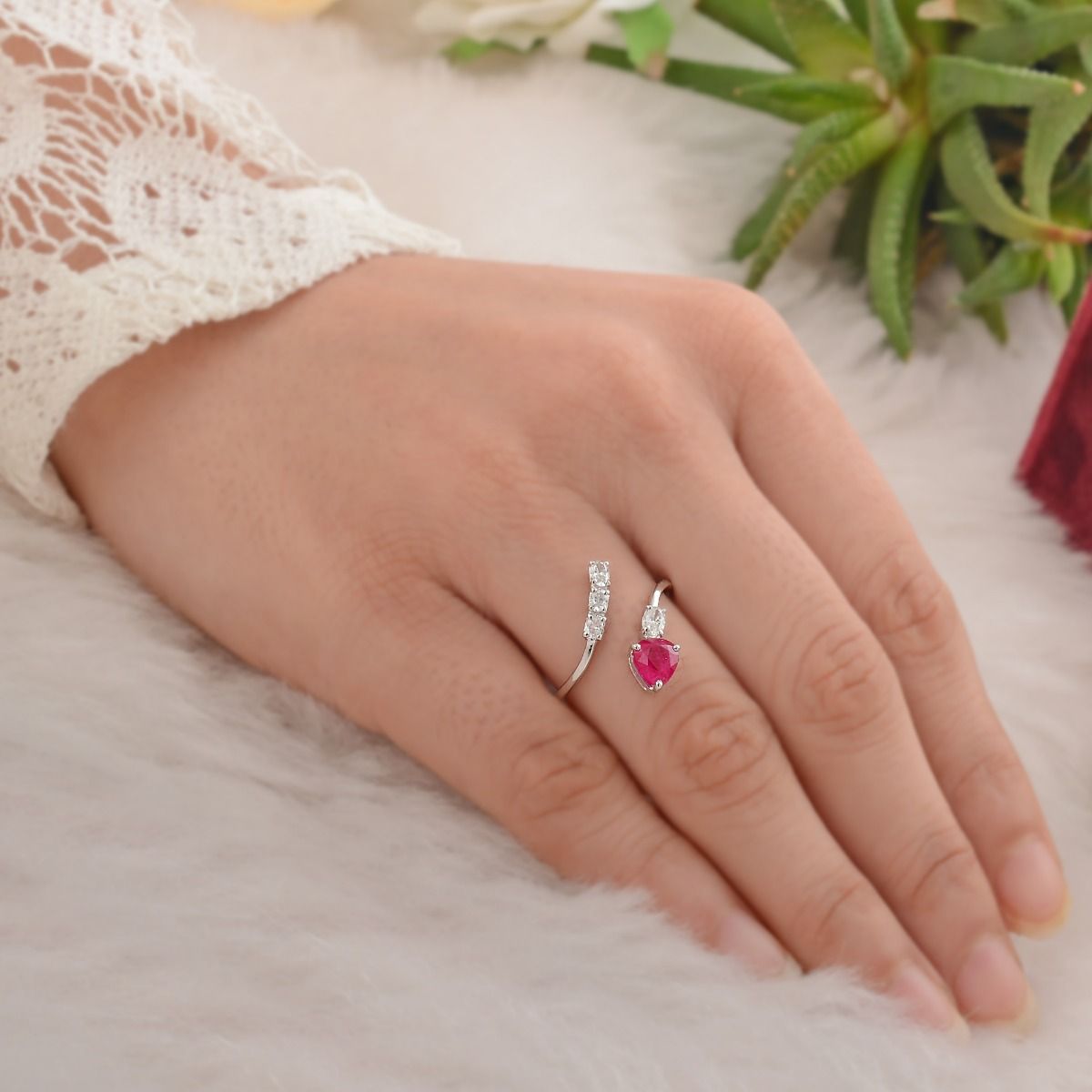 1.31 TCW 18k White Gold SI Clarity HI Color Diamond Ruby Gemstone Cuff Ring Handmade jewelry