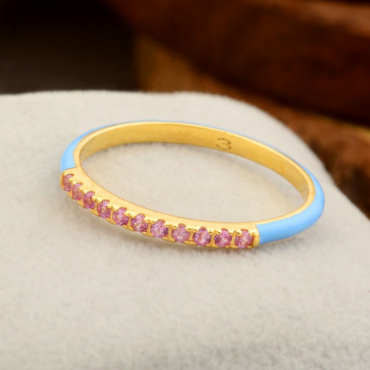 18k Yellow Gold 0.14 TCW SI Clarity HI Color Diamond Pink Sapphire With Sky-blue Enamel Party Wear Band Ring