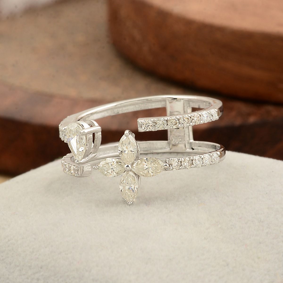 18k White Gold 0.99 TCW SI Clarity HI Color Marquise Shape Diamond Band Cuff Ring For Women