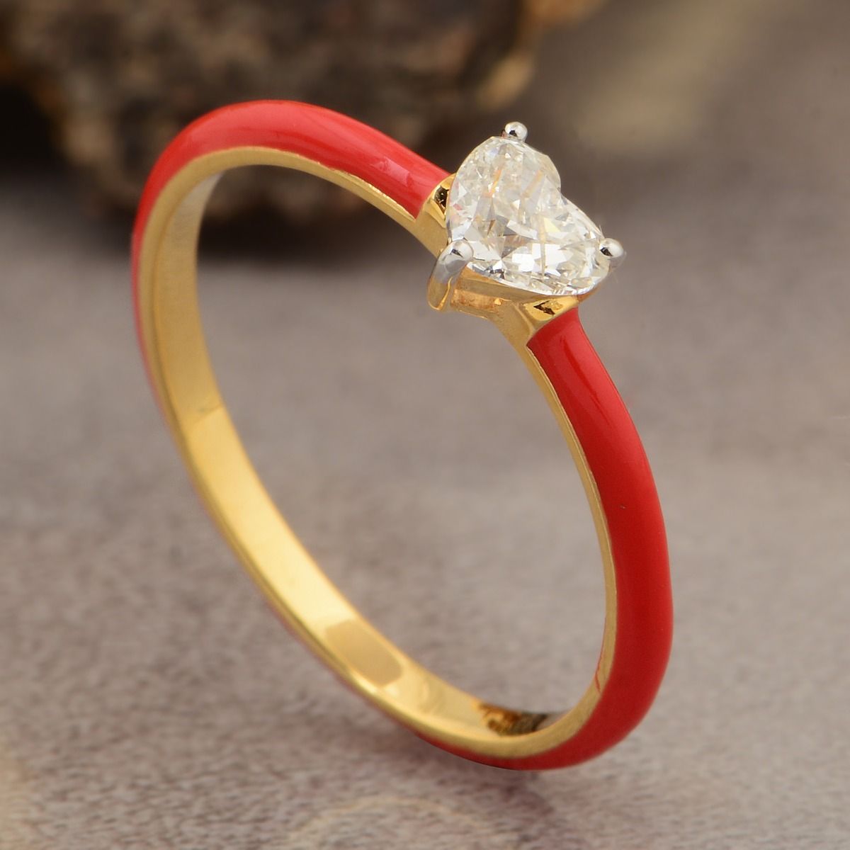 Yellow 18K Gold Solitaire Ring 0.35 TCW SI/HI Heart Diamond Red Enamel Jewelry | Birthday Gift for Her