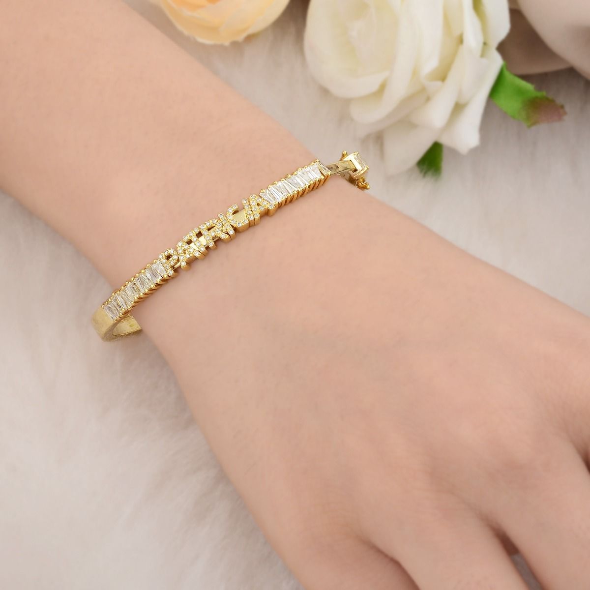 14k Yellow Gold 1.45 TCW SI Clarity HI Color Baguette Diamond Lock Name Bangle/bracelet Gift For Her