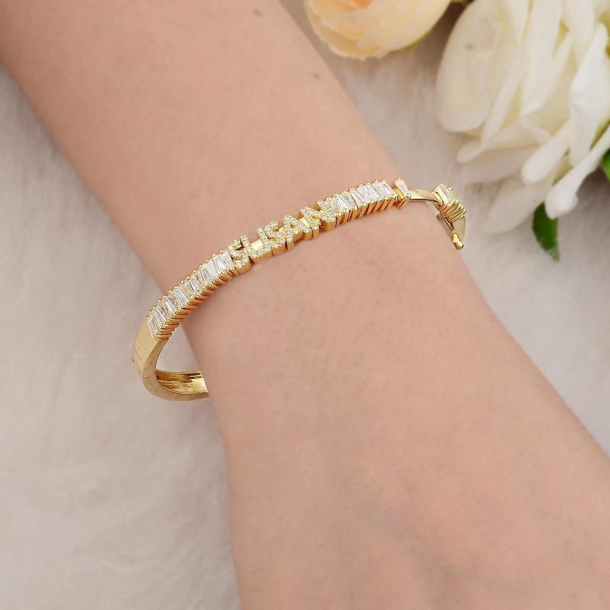 14k Yellow Gold 1.65 TCW SI Clarity HI Color Baguette Diamond Name Bangle/Bracelet Jewelry For Women